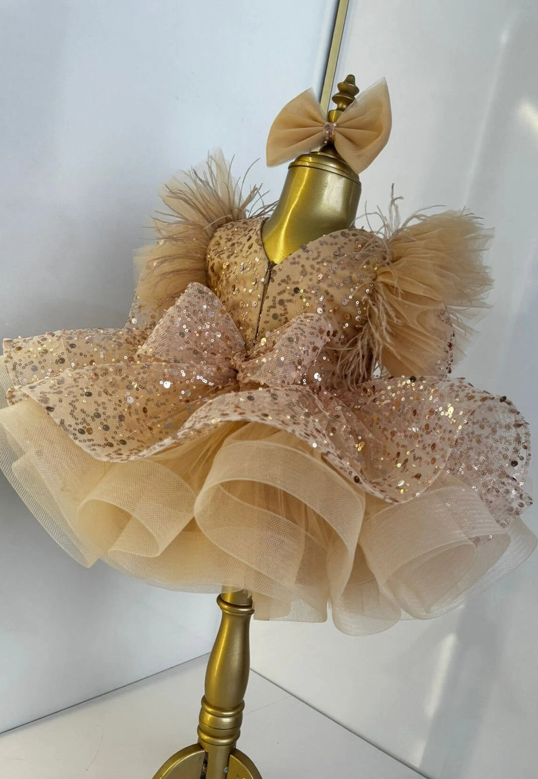 TinyTulle Golden Sparkle Puff Sleeve Flower Girl Dress with Sequin Bow