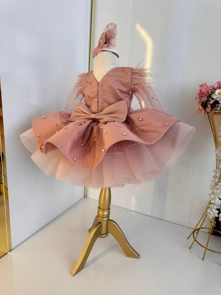 TinyTulle Dusty Rose Pearl Beaded Flower Girl Dress with Feather Sleeves