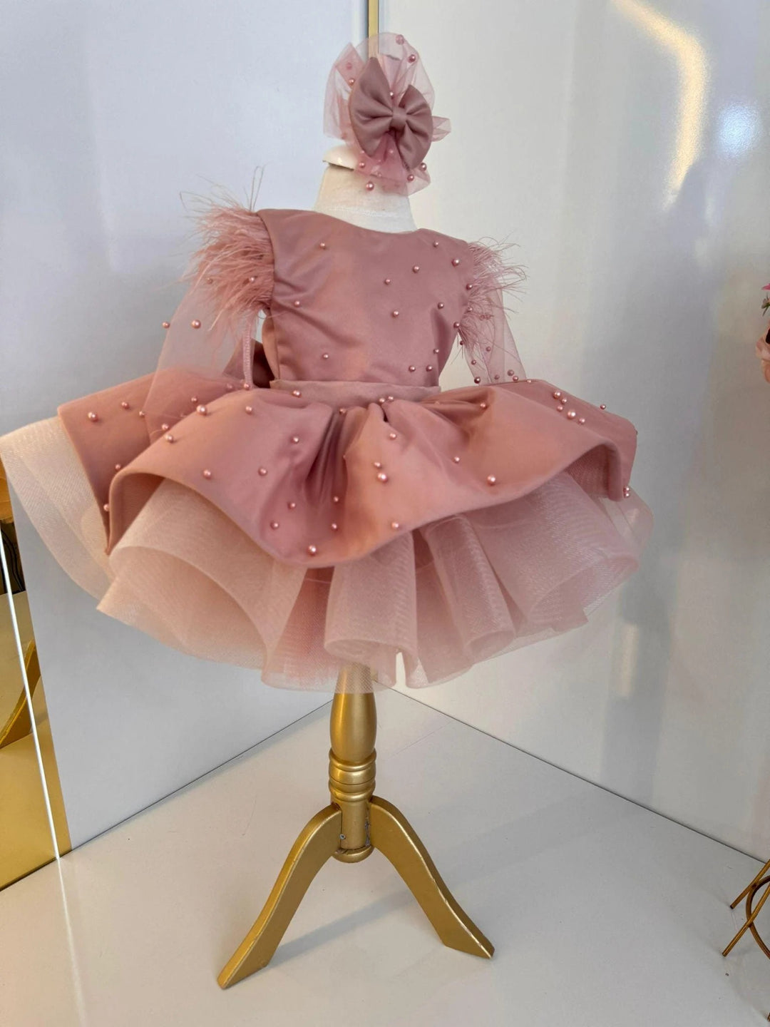 TinyTulle Dusty Rose Pearl Beaded Flower Girl Dress with Feather Sleeves