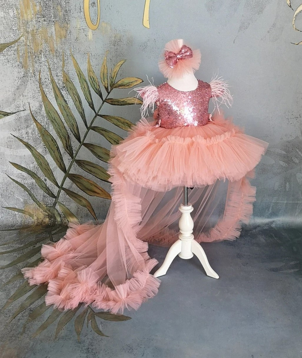 TinyTulle Elegant Coral Flower Girl Dress with Sequin Bow &amp; Detachable Train
