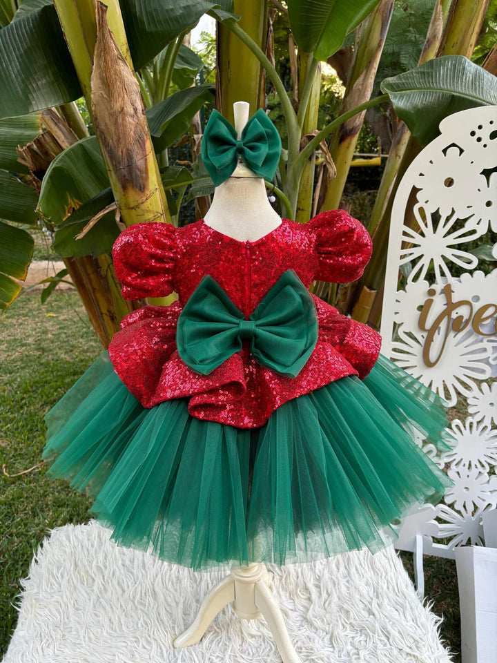 TinyTulle Red Sequin Bodice Green Tulle Flower Girl Dress with Elegant Bow