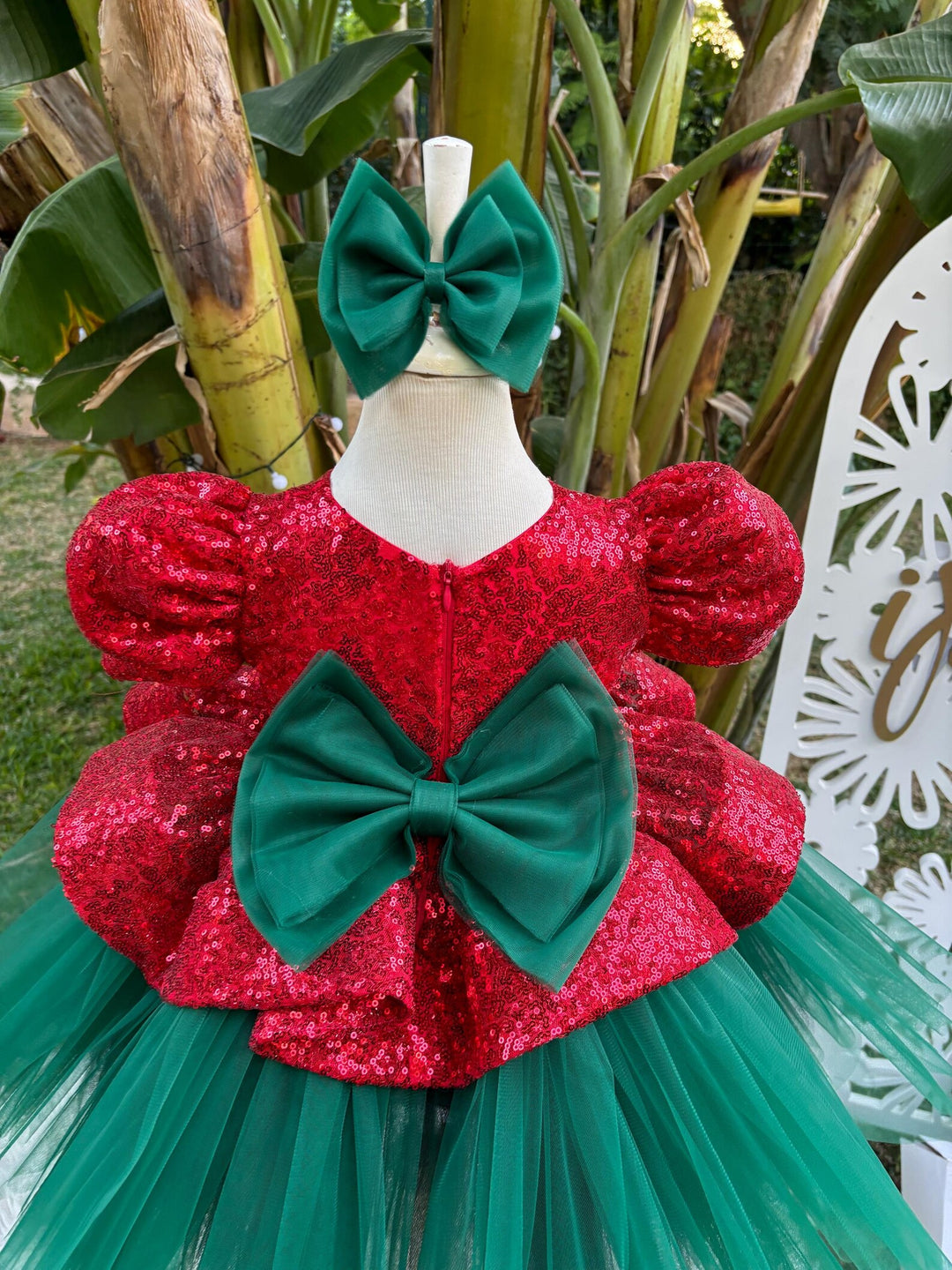 TinyTulle Red Sequin Bodice Green Tulle Flower Girl Dress with Elegant Bow