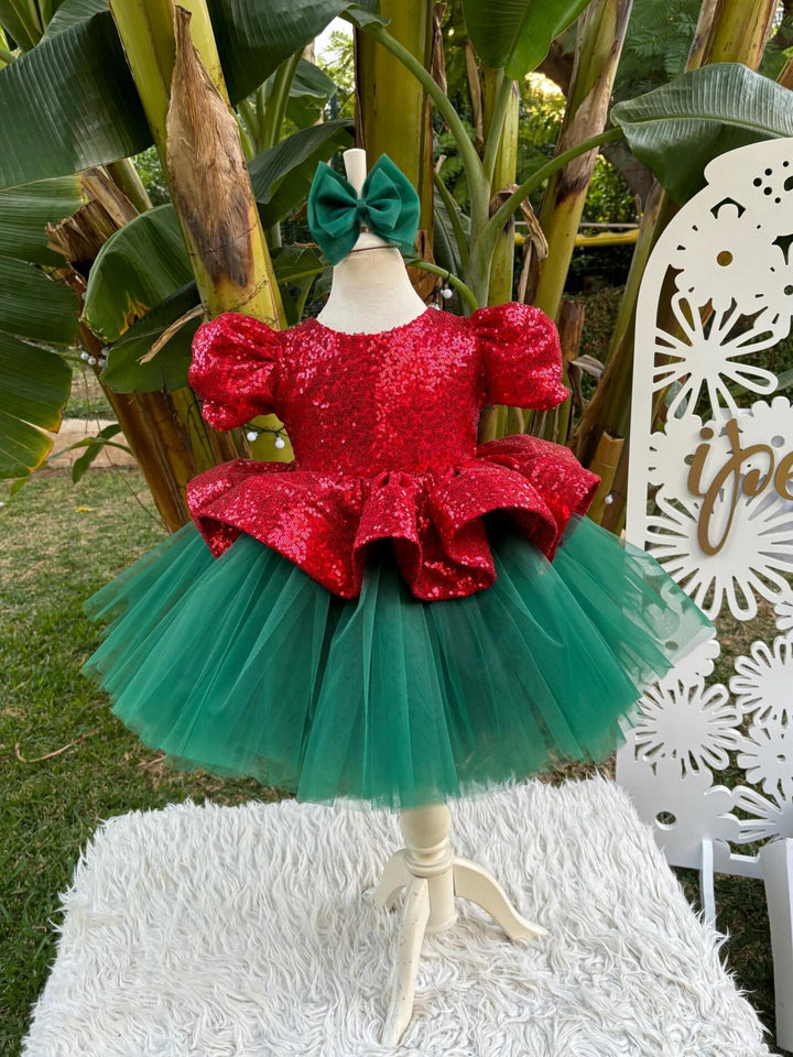 TinyTulle Red Sequin Bodice Green Tulle Flower Girl Dress with Elegant Bow