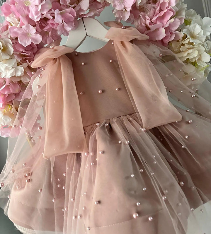 TinyTulle Dusty Pink Tulle and Satin Baby Girl Birthday Dress with Oversized Bow