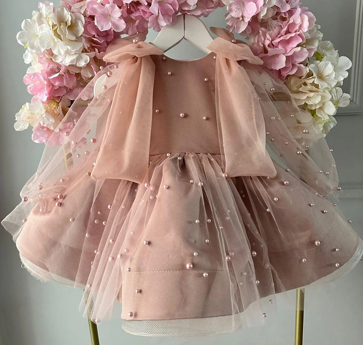 TinyTulle Dusty Pink Tulle and Satin Baby Girl Birthday Dress with Oversized Bow