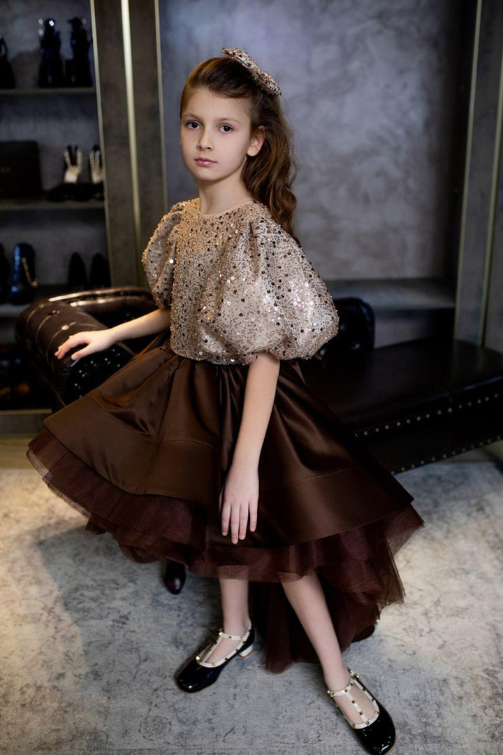 TinyTulle Beige Brown Puff Sleeve Sequin Princess Flower Girl Dress with Asymmetrical Train