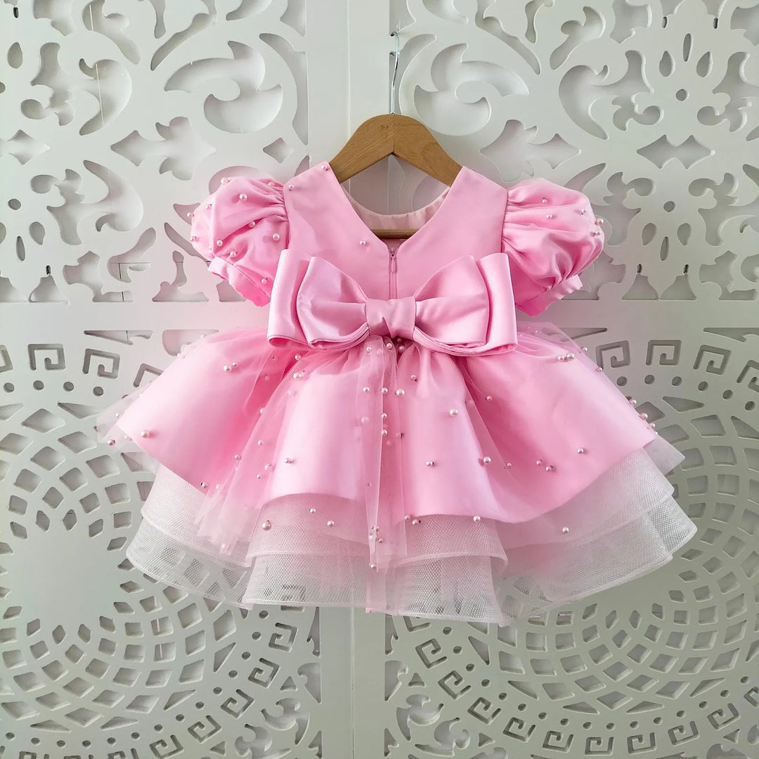 TinyTulle Champagne Satin Baby Girl Dress with Beaded Details for Weddings and Birthday Parties