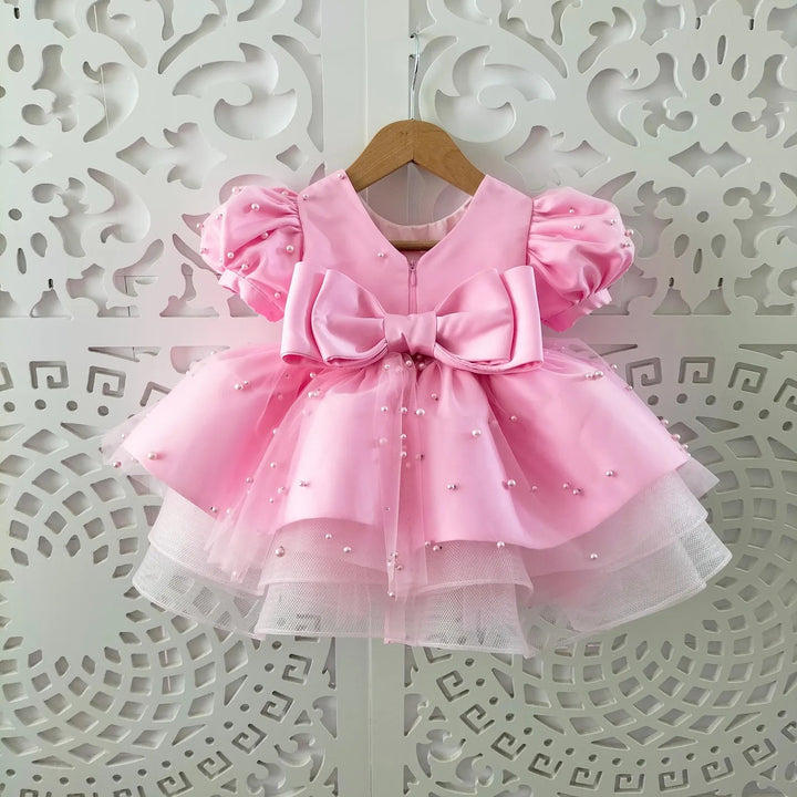 TinyTulle Champagne Satin Baby Girl Dress with Beaded Details for Weddings and Birthday Parties