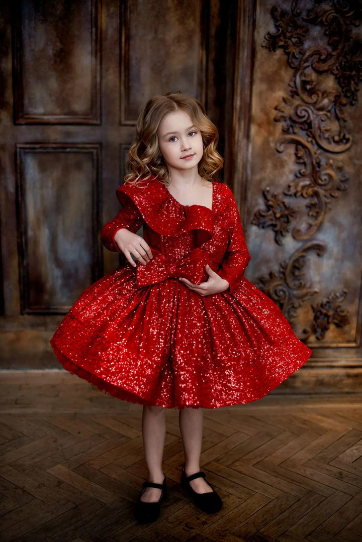 TinyTulle Red Asymmetrical Neckline Sequin Tulle Flower Girl Dress with Bow