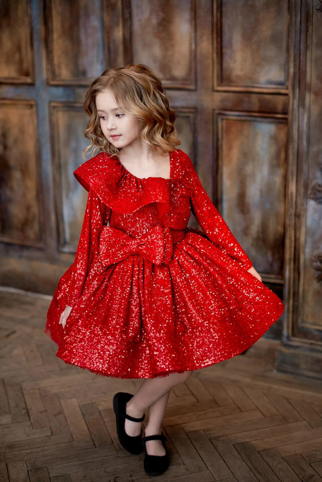 TinyTulle Red Asymmetrical Neckline Sequin Tulle Flower Girl Dress with Bow