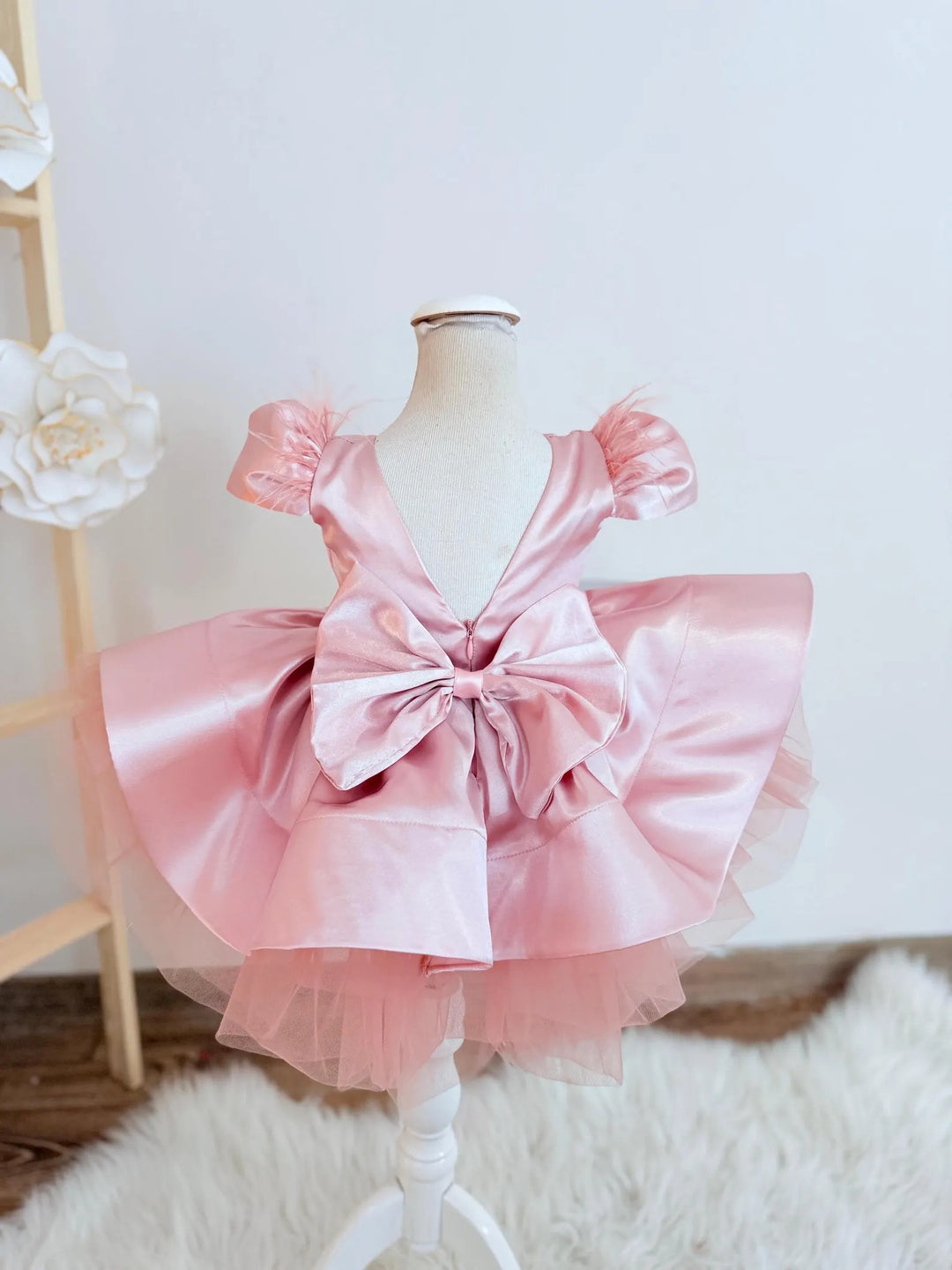TinyTulle Dusty Rose V-Back Knee-Length Flower Girl Dress with Satin Bow