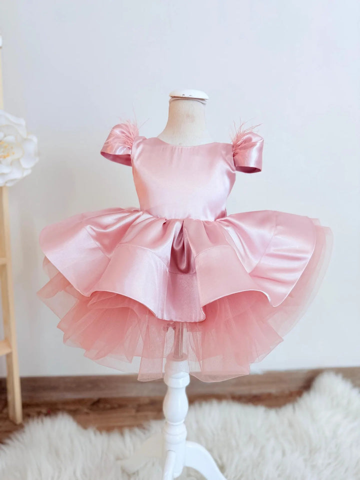 TinyTulle Dusty Rose V-Back Knee-Length Flower Girl Dress with Satin Bow