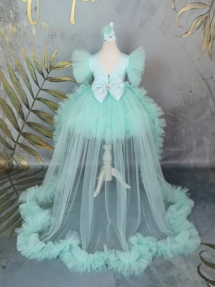 TinyTulle Mint Green Puff Sleeve Tulle Flower Girl Dress with Rhinestone &amp; Detachable Train