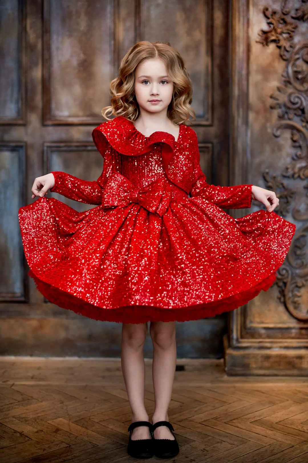 TinyTulle Red Asymmetrical Neckline Sequin Tulle Flower Girl Dress with Bow