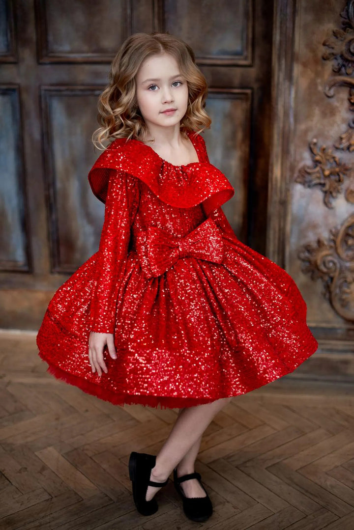 TinyTulle Red Asymmetrical Neckline Sequin Tulle Flower Girl Dress with Bow