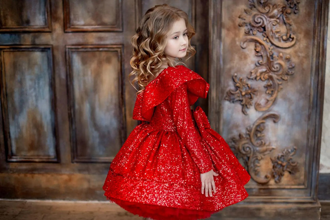TinyTulle Red Asymmetrical Neckline Sequin Tulle Flower Girl Dress with Bow