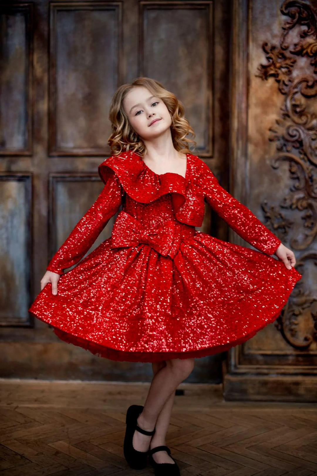 TinyTulle Red Asymmetrical Neckline Sequin Tulle Flower Girl Dress with Bow