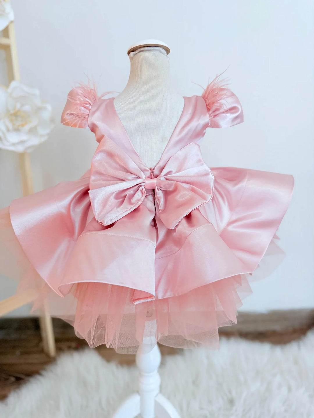 TinyTulle Dusty Rose V-Back Knee-Length Flower Girl Dress with Satin Bow