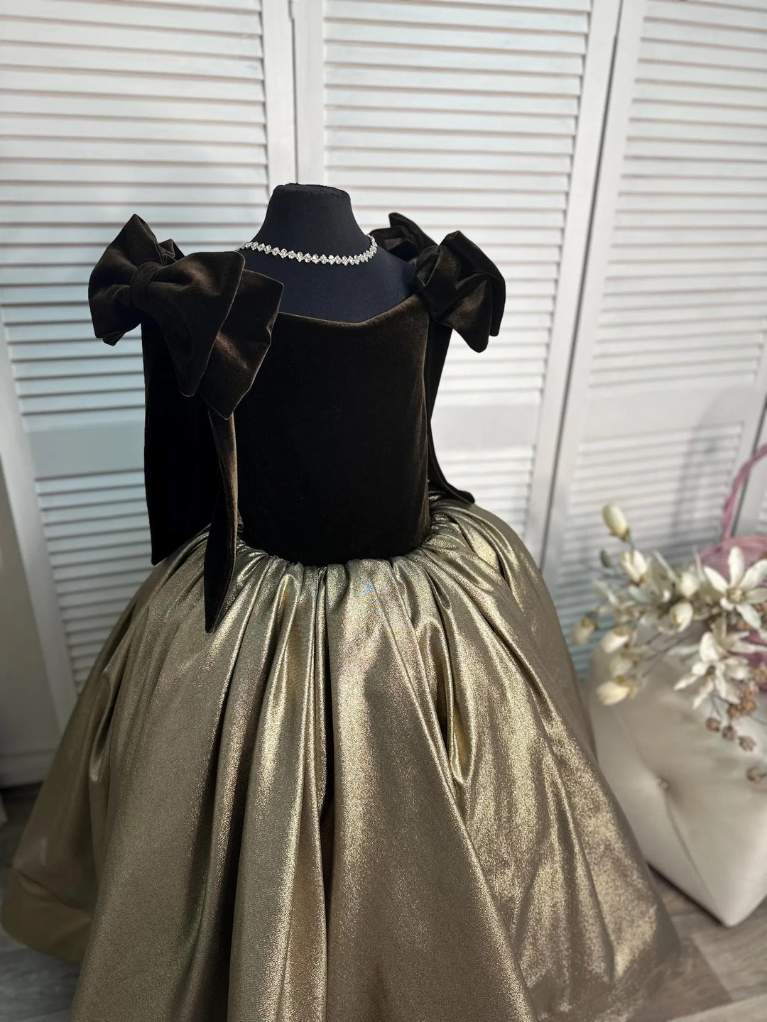 TinyTulle Coffee Velvet &amp; Gold Satin Princess Flower Girl Dress with Bow