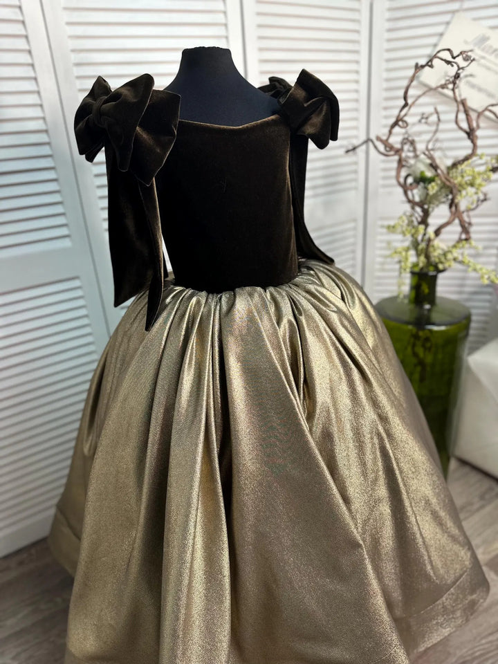 TinyTulle Coffee Velvet &amp; Gold Satin Princess Flower Girl Dress with Bow