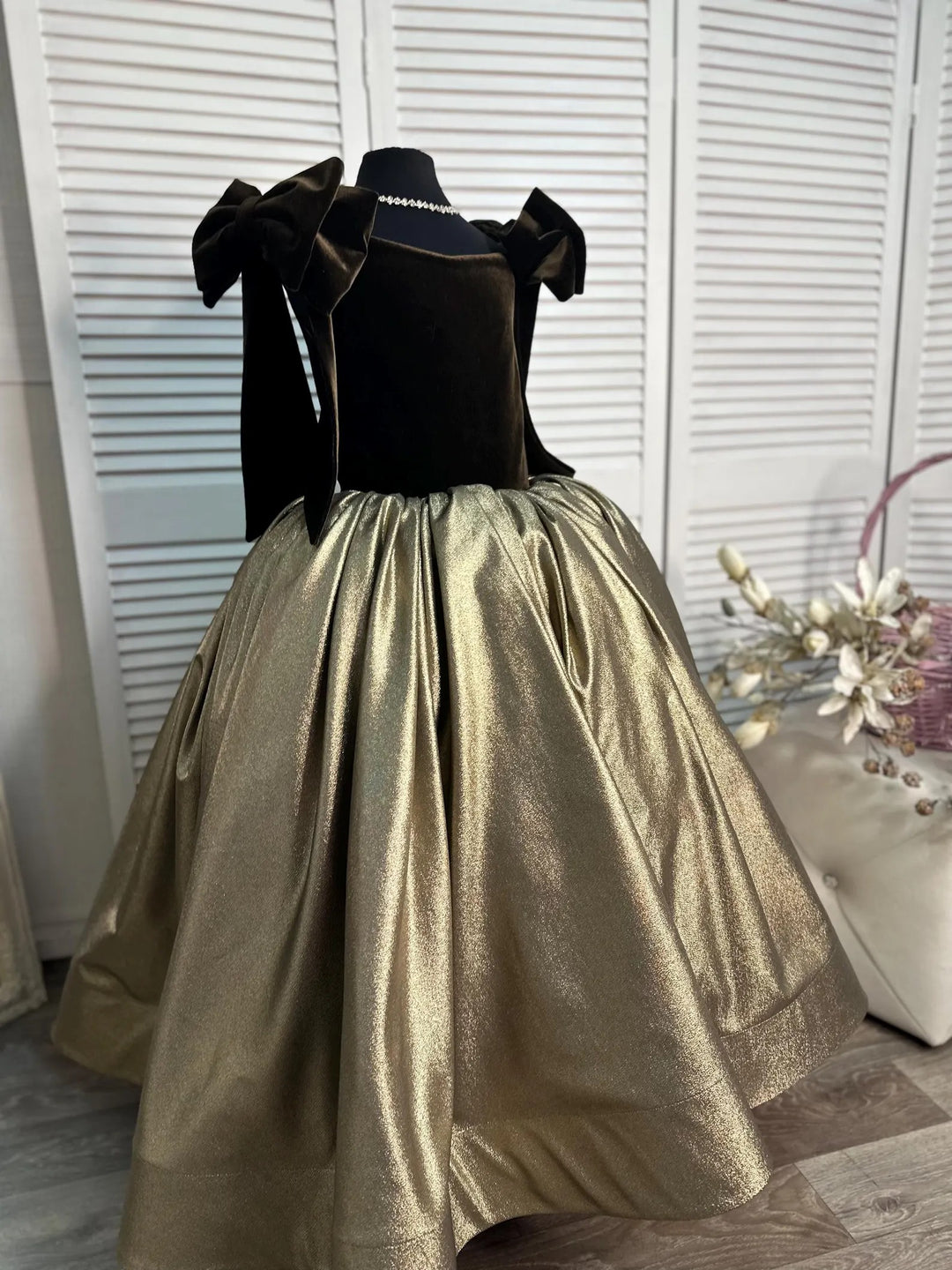 TinyTulle Coffee Velvet &amp; Gold Satin Princess Flower Girl Dress with Bow