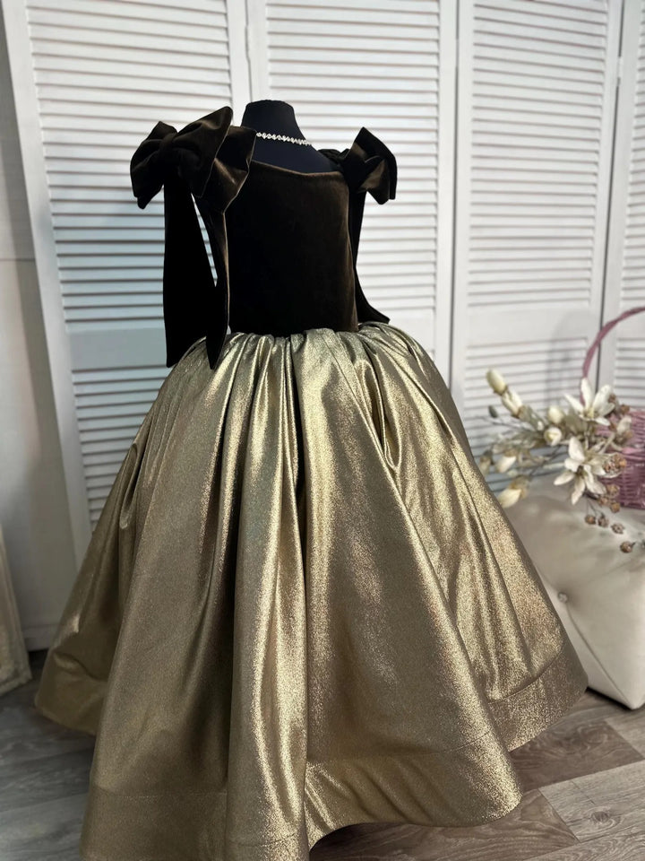 TinyTulle Coffee Velvet &amp; Gold Satin Princess Flower Girl Dress with Bow