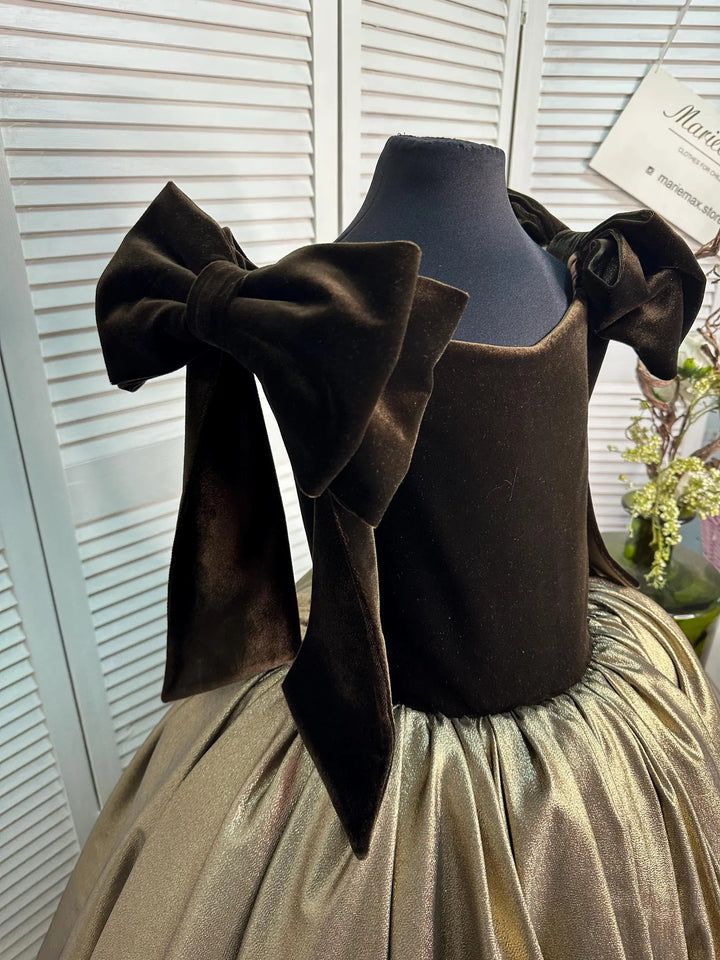TinyTulle Coffee Velvet &amp; Gold Satin Princess Flower Girl Dress with Bow