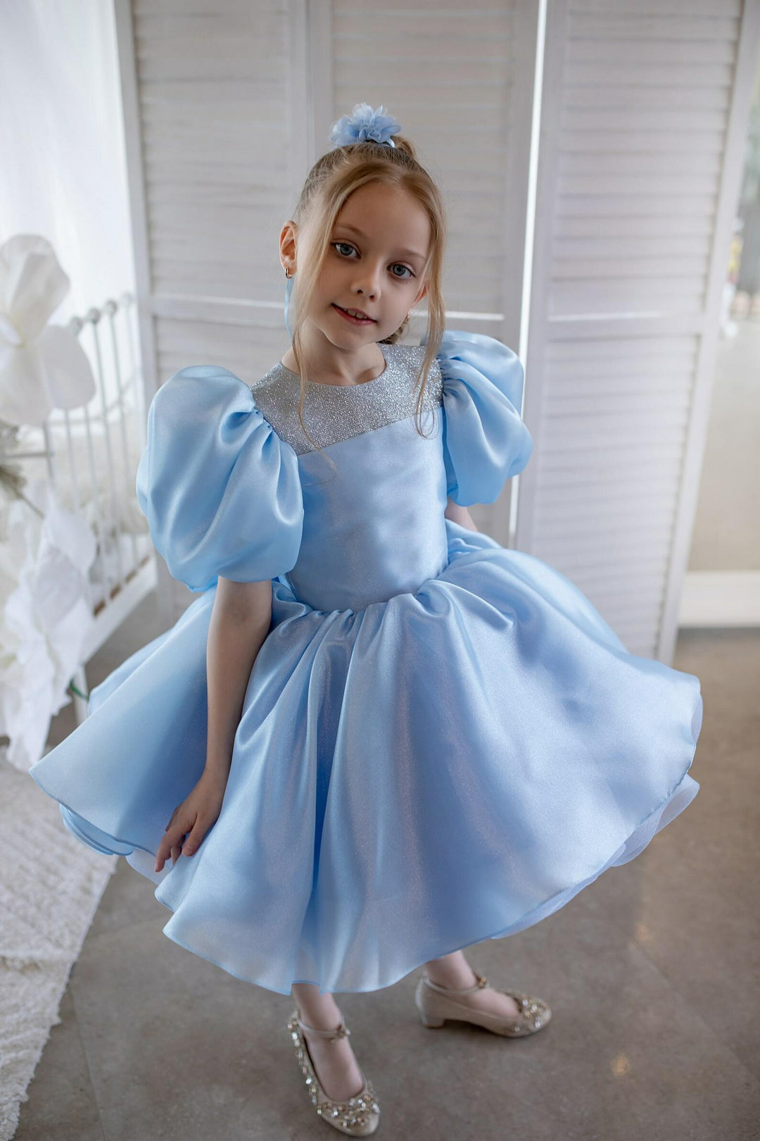TinyTulle Blue Puff Sleeve Tulle Flower Girl Dress Tutu Party Gown for Birthday &amp; Wedding