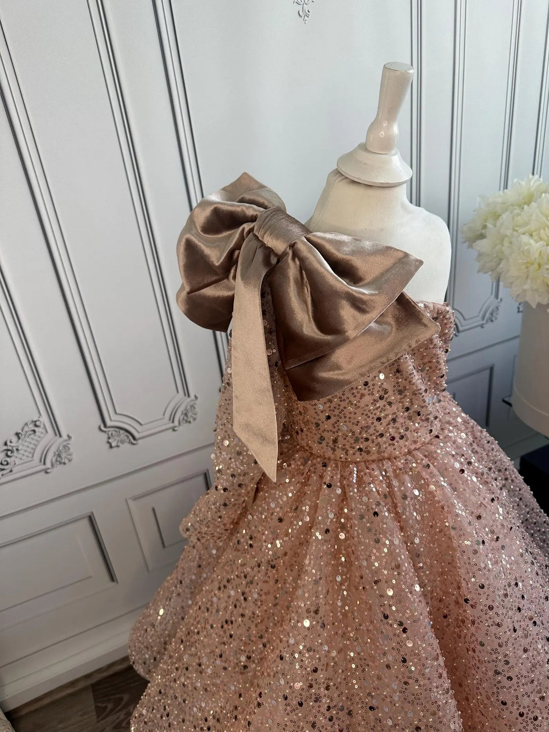 TinyTulle Dusty Rose Sequin Tulle Flower Girl Dress with Bow for Wedding &amp; Pageant