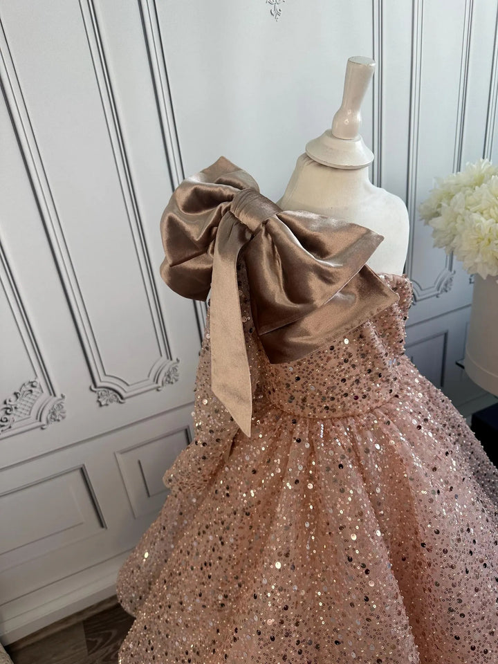 TinyTulle Dusty Rose Sequin Tulle Flower Girl Dress with Bow for Wedding &amp; Pageant