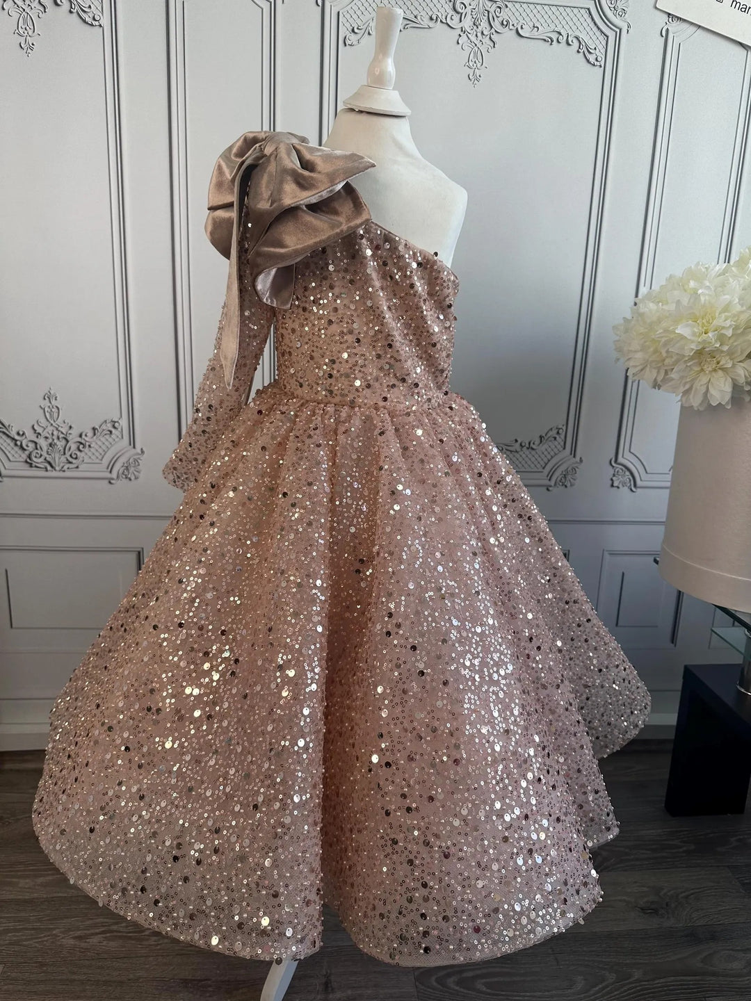 TinyTulle Dusty Rose Sequin Tulle Flower Girl Dress with Bow for Wedding &amp; Pageant
