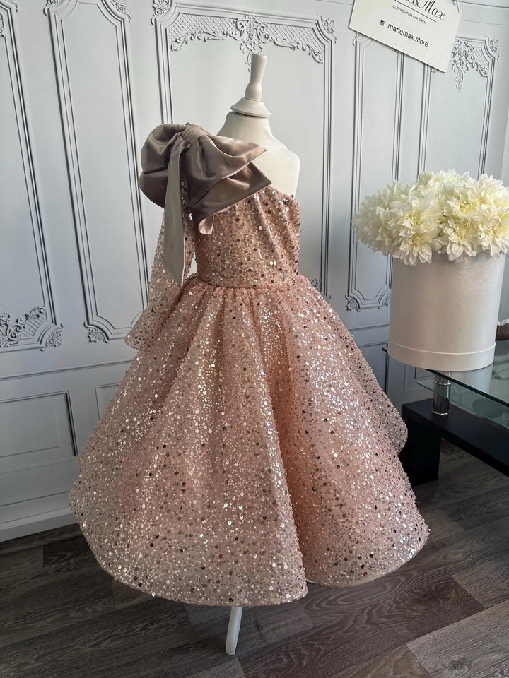 TinyTulle Dusty Rose Sequin Tulle Flower Girl Dress with Bow for Wedding &amp; Pageant