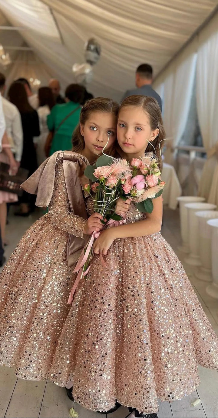 TinyTulle Dusty Rose Sequin Tulle Flower Girl Dress with Bow for Wedding &amp; Pageant
