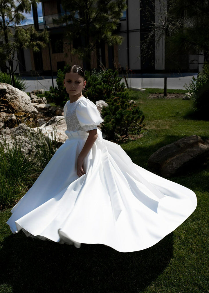 TinyTulle Elegant White Satin Flower Girl Dress with Beaded Bodice and Bow