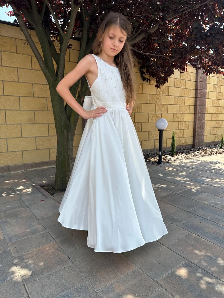TinyTulle Elegant White Satin Baptism &amp; First Communion Dress for Toddler Girls with Bow