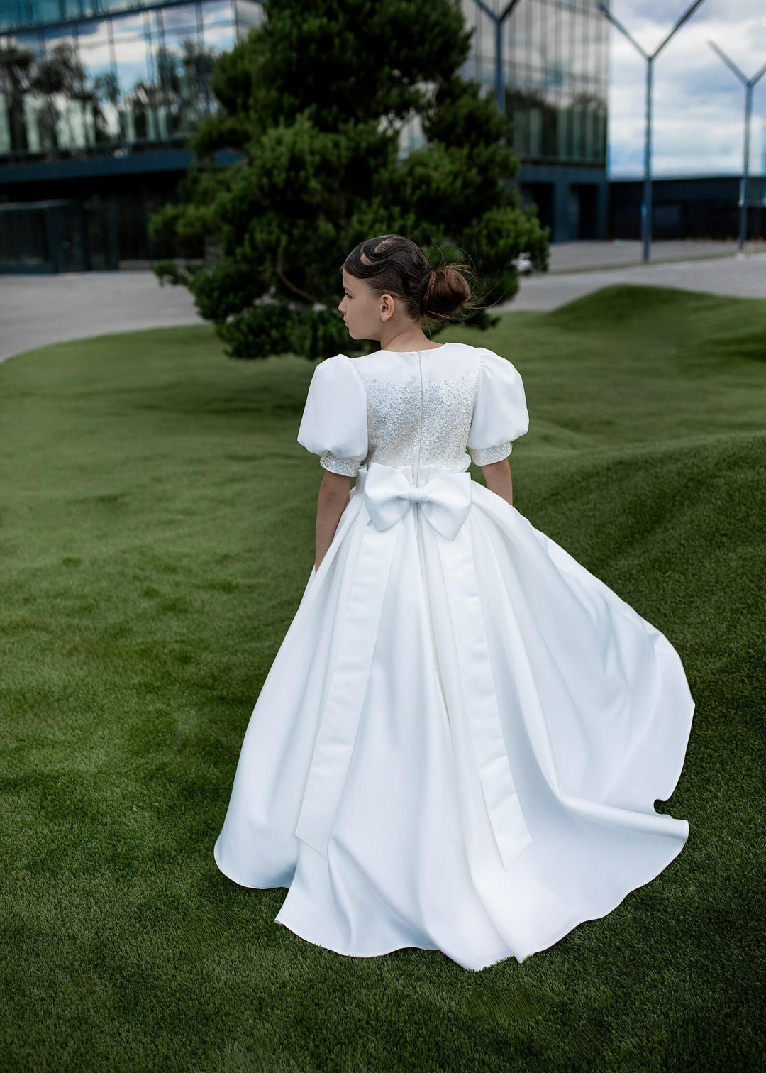 TinyTulle Elegant White Satin Flower Girl Dress with Beaded Bodice and Bow