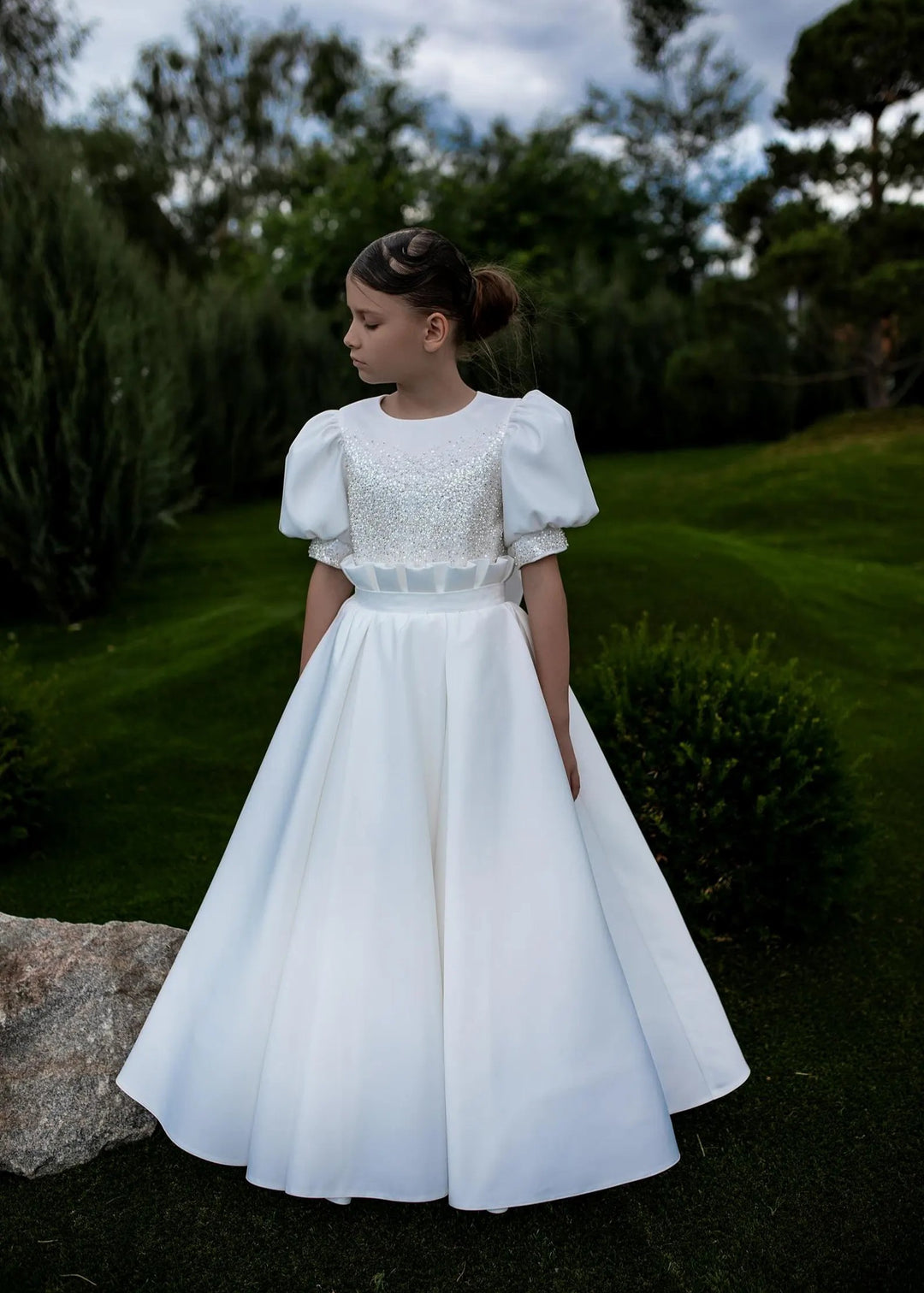 TinyTulle Elegant White Satin Flower Girl Dress with Beaded Bodice and Bow