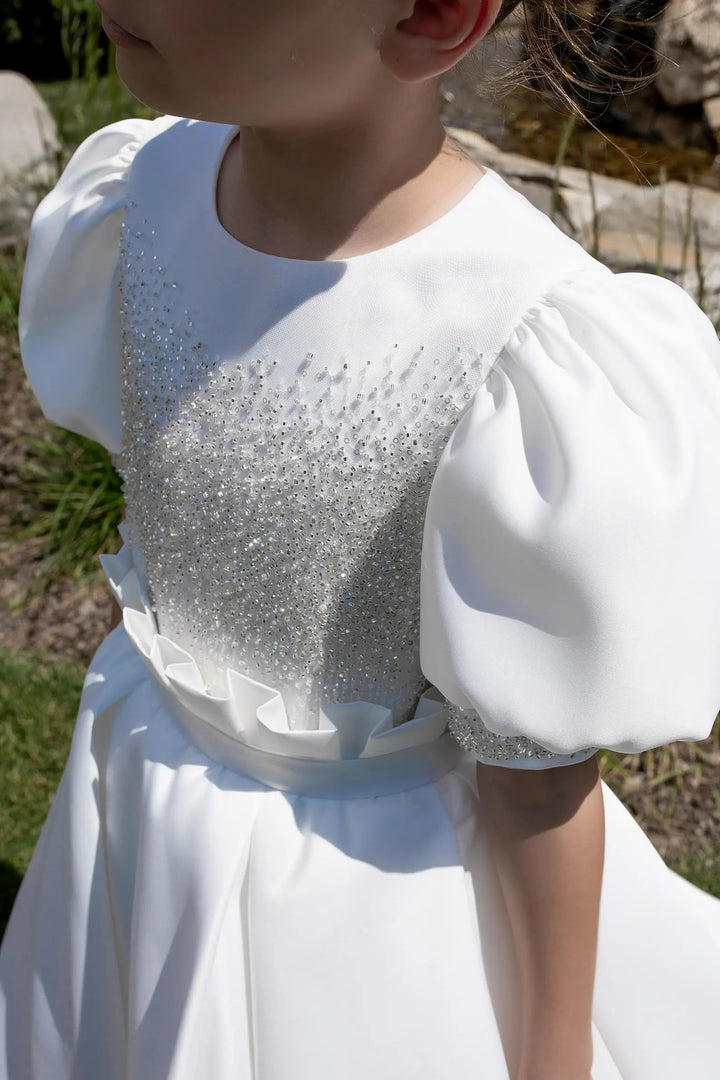 TinyTulle Elegant White Satin Flower Girl Dress with Beaded Bodice and Bow