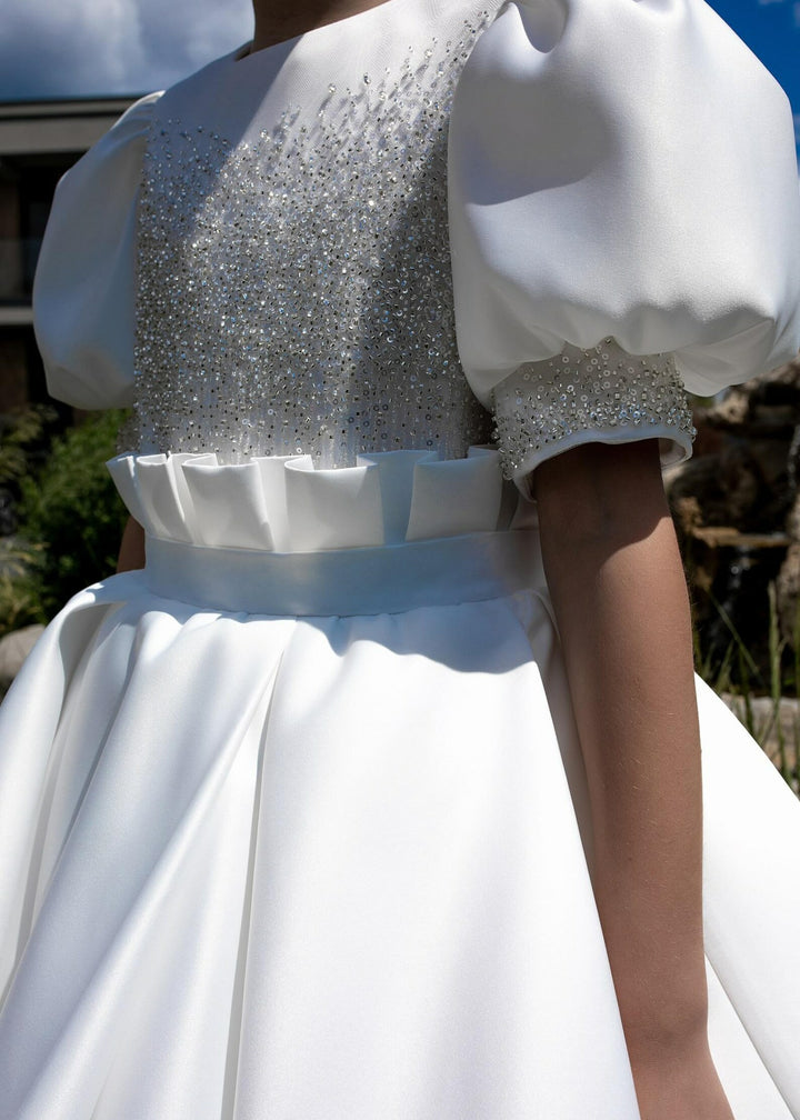 TinyTulle Elegant White Satin Flower Girl Dress with Beaded Bodice and Bow