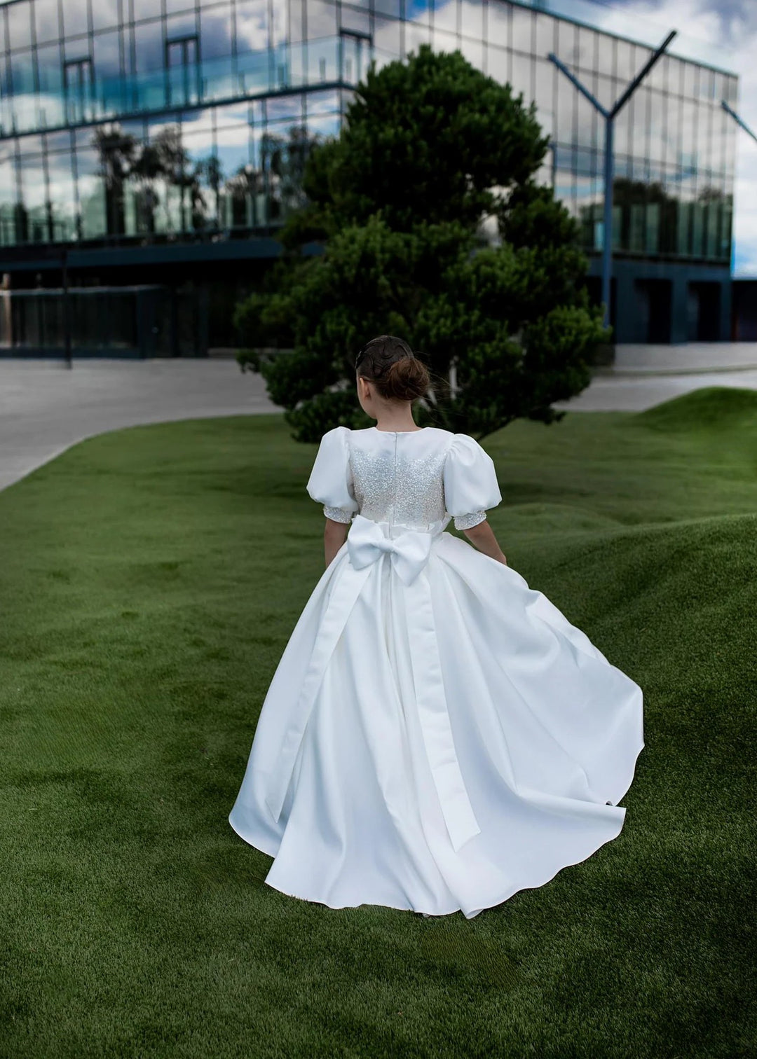 TinyTulle Elegant White Satin Flower Girl Dress with Beaded Bodice and Bow