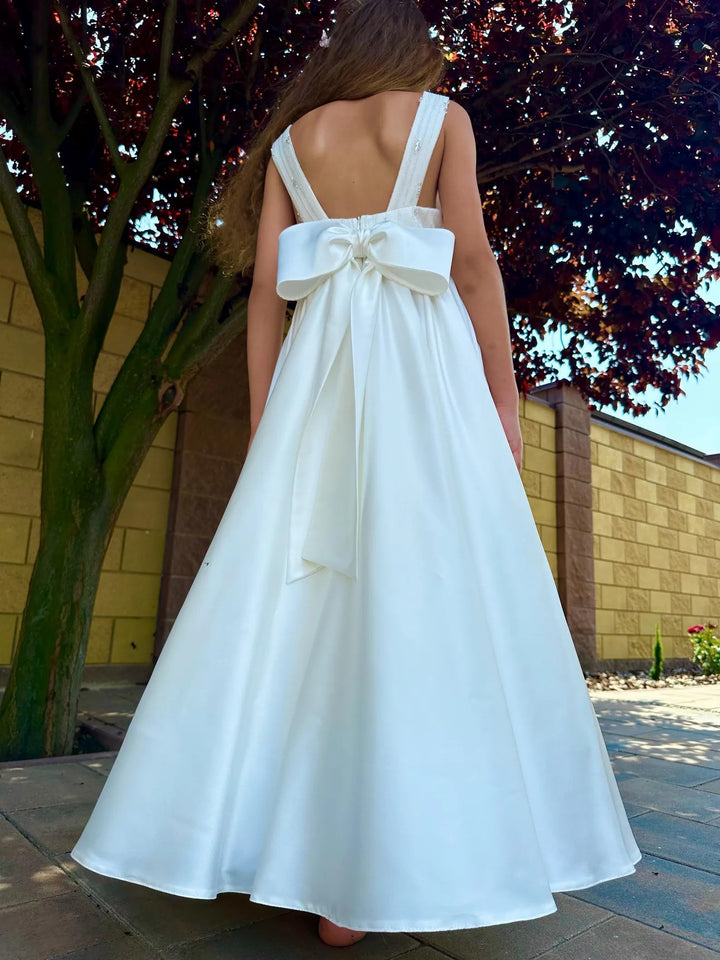 TinyTulle Elegant White Satin Baptism &amp; First Communion Dress for Toddler Girls with Bow
