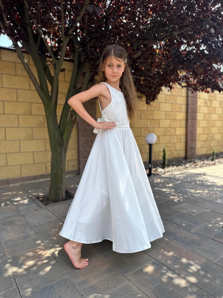 TinyTulle Elegant White Satin Baptism &amp; First Communion Dress for Toddler Girls with Bow