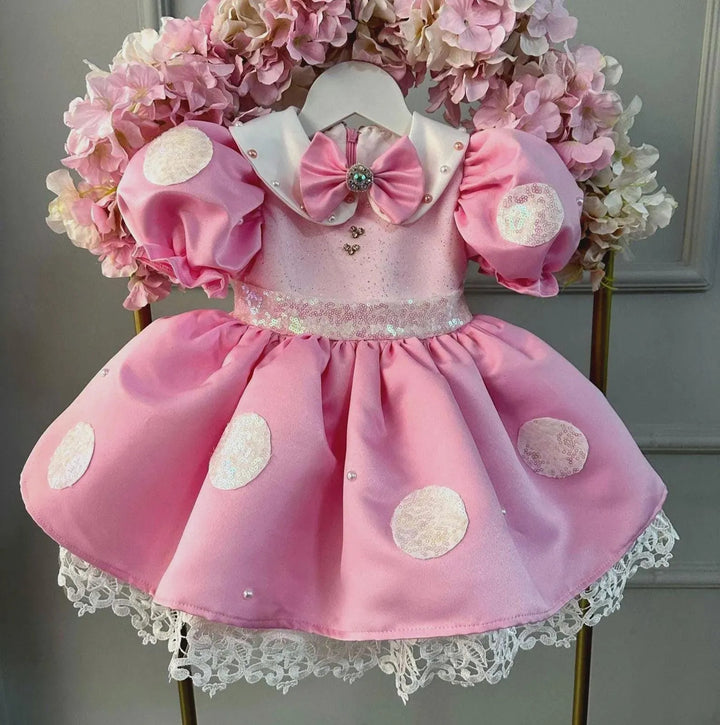 TinyTulle Sparkling Pink Flower Girl Dress with Peter Pan Collar and White Satin Bow