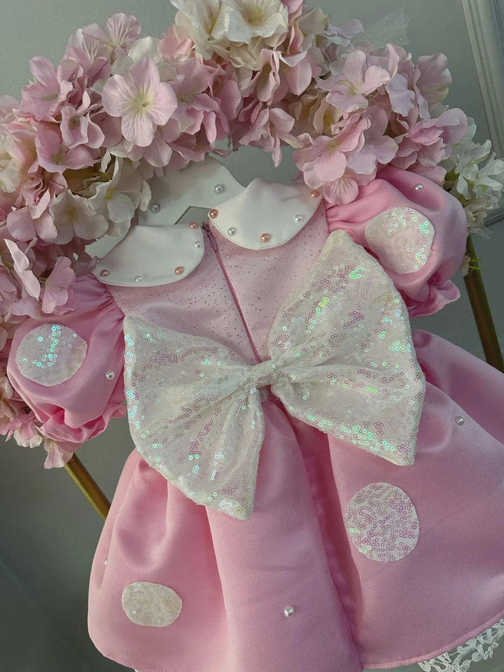 TinyTulle Sparkling Pink Flower Girl Dress with Peter Pan Collar and White Satin Bow