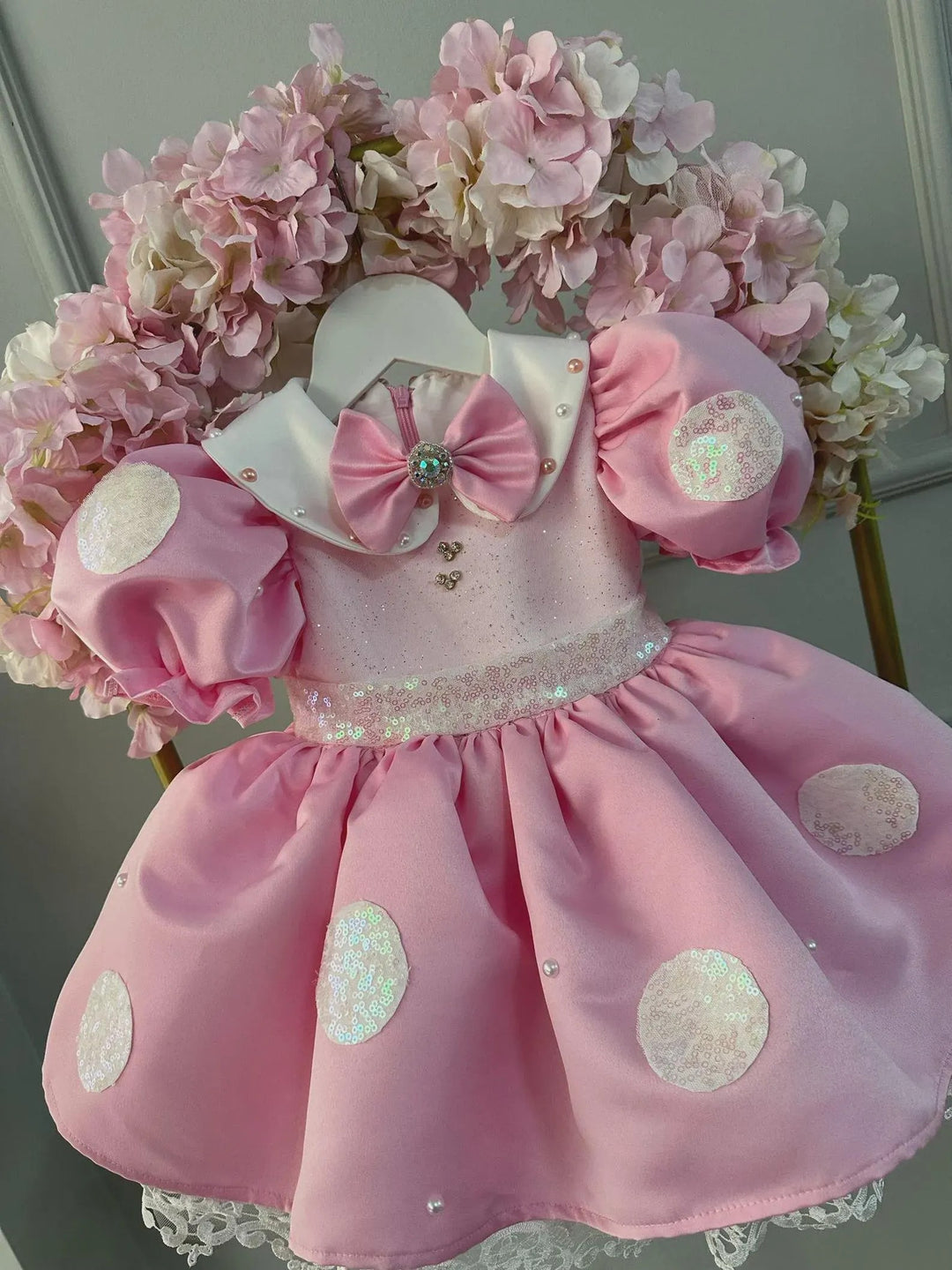 TinyTulle Sparkling Pink Flower Girl Dress with Peter Pan Collar and White Satin Bow