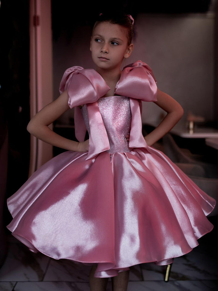 TinyTulle Elegant Pink Satin Tulle Baby Girl Dress Princess First Birthday Party Gown
