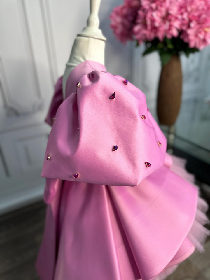 TinyTulle Pink Puff Sleeve Tulle Asymmetrical Flower Girl Dress with Oversized Bow