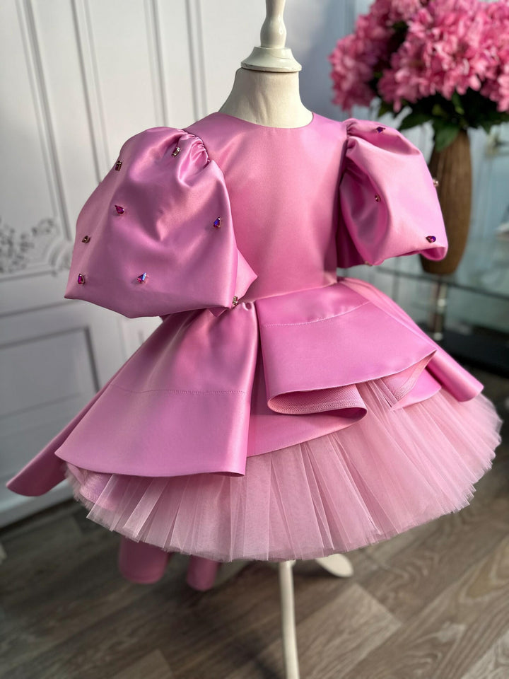 TinyTulle Pink Puff Sleeve Tulle Asymmetrical Flower Girl Dress with Oversized Bow