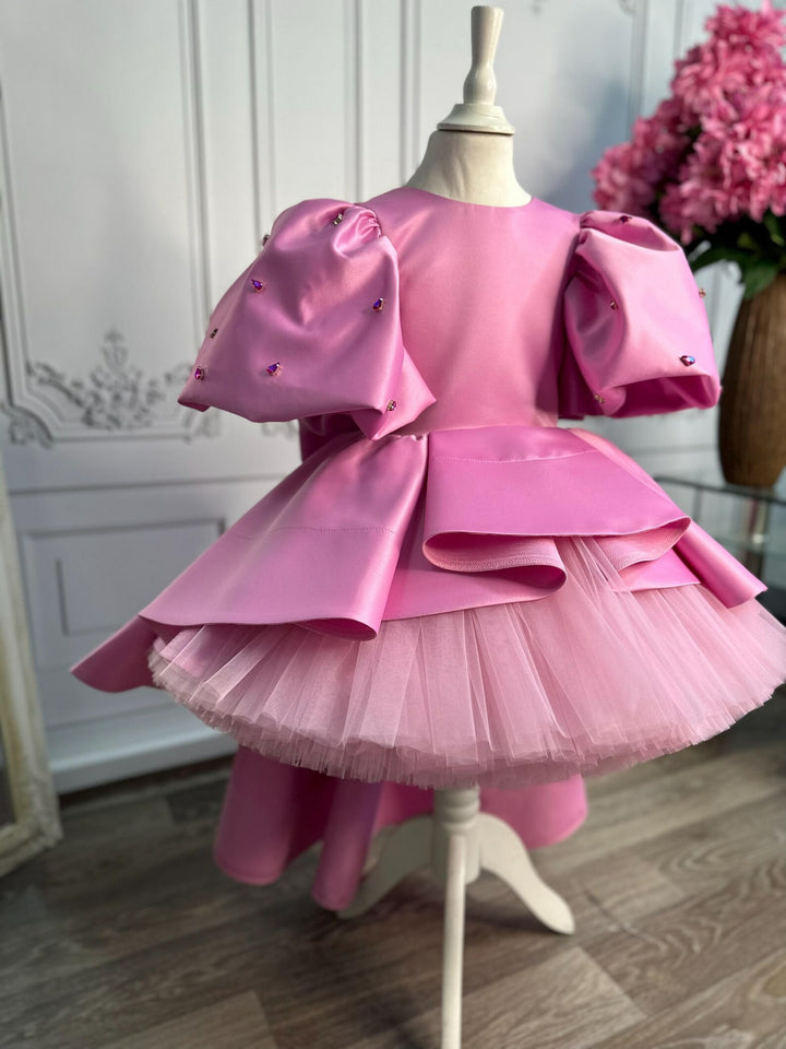 TinyTulle Pink Puff Sleeve Tulle Asymmetrical Flower Girl Dress with Oversized Bow