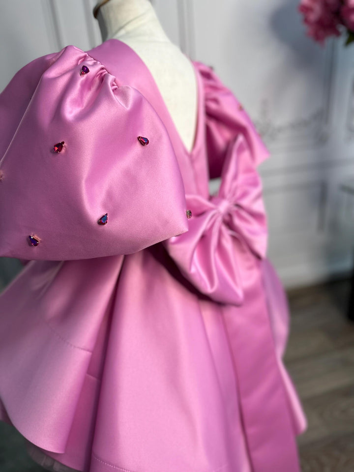 TinyTulle Pink Puff Sleeve Tulle Asymmetrical Flower Girl Dress with Oversized Bow